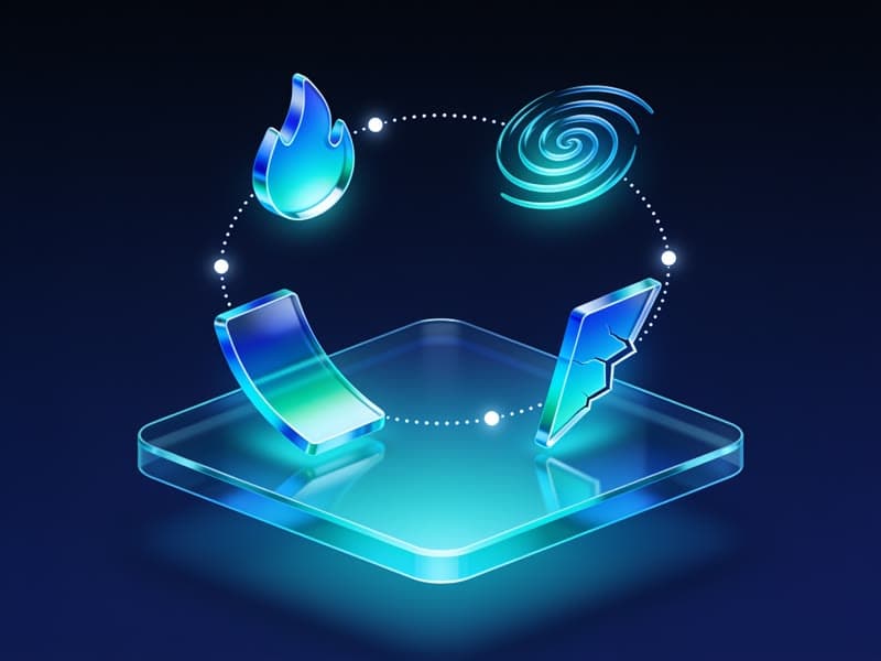 Glowing glass icons for fire, storm, landslide, and earthquake floating above a glass platform, representing future peril simulations on the product roadmap