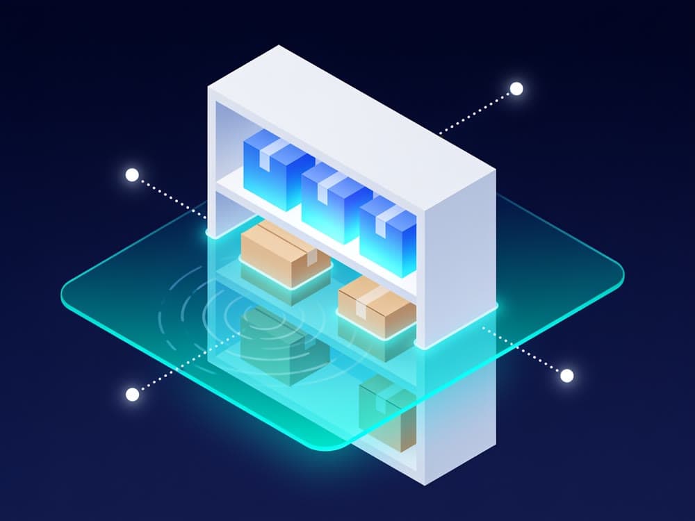 Illustration of a store shelving unit with lower shelves submerged in water and upper shelves highlighted, representing BSafe's flood damage simulation