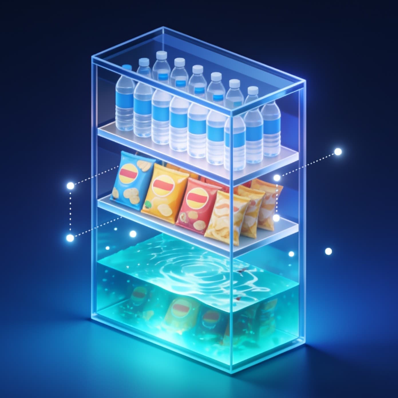 Isometric illustration of a glass store shelving unit with the lower shelf submerged in glowing teal floodwater